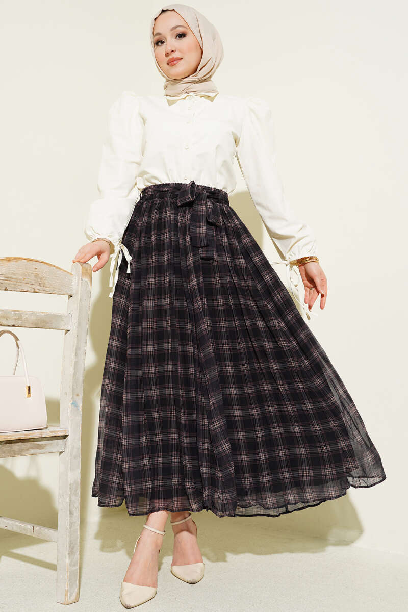 Belted Pleated Plaid Chiffon Skirt - Black