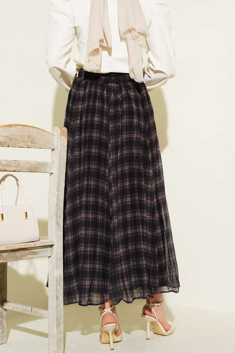 Belted Pleated Plaid Chiffon Skirt - Black