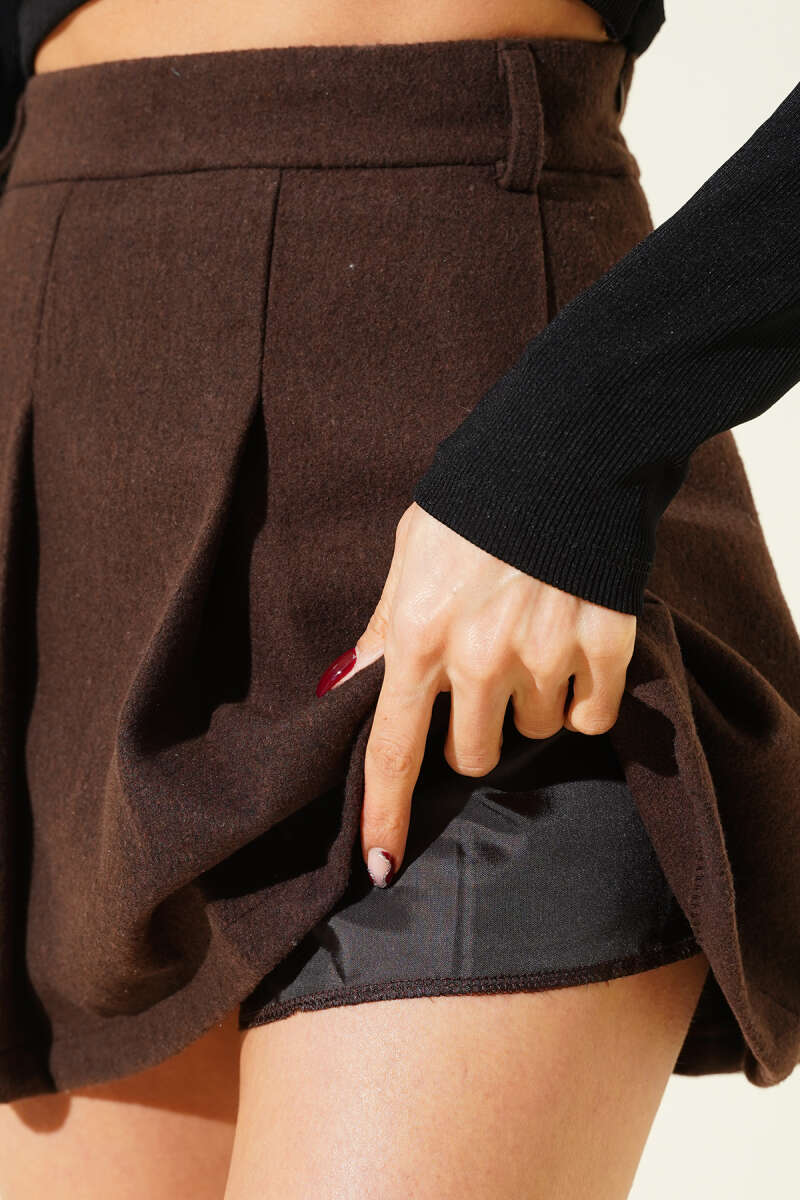 Pleated Felt Mini Skirt with Shorts Lining - Brown