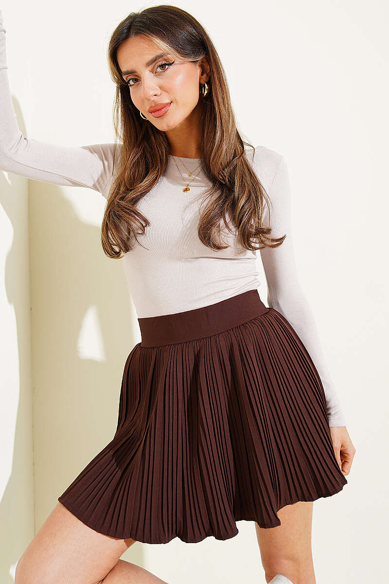 Plissé-Detail Mini Skirt - Brown