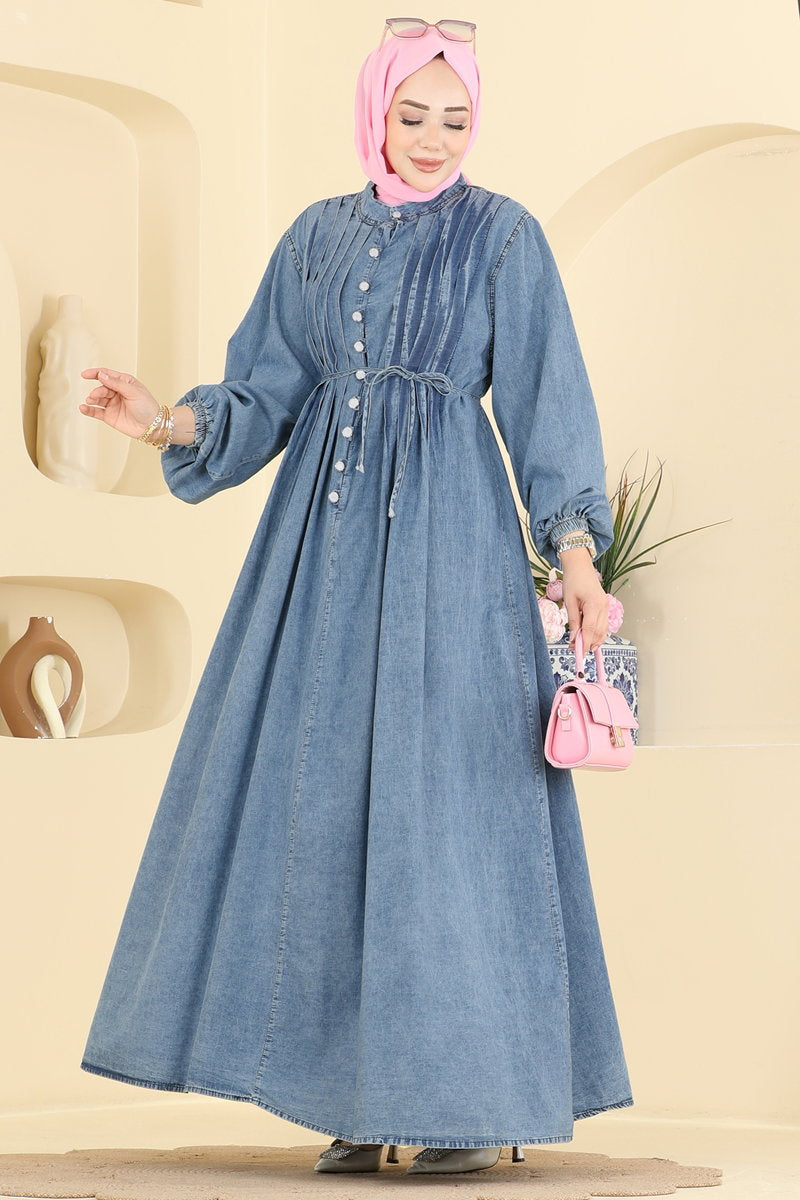 Pleated Denim Dress with Tie - Light Denim