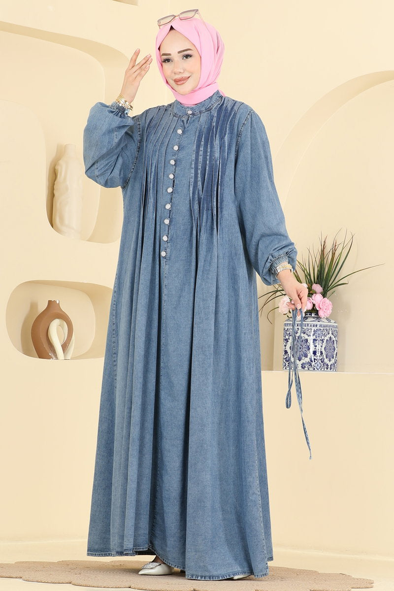 Pleated Denim Dress with Tie - Light Denim