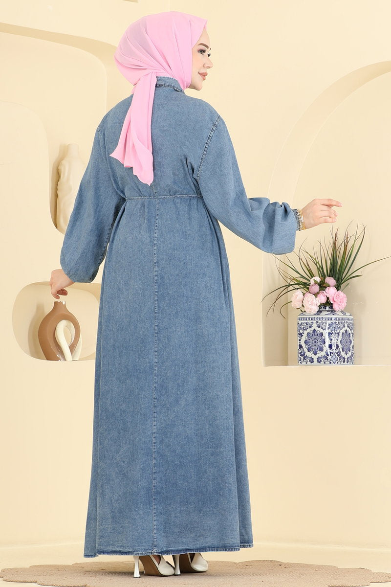 Pleated Denim Dress with Tie - Light Denim