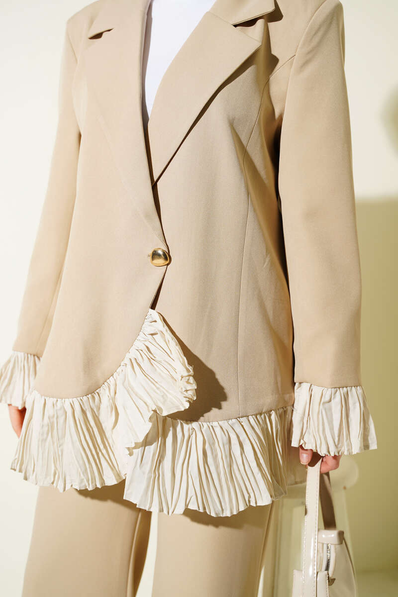 Wrap Two-Piece Set with Plissé Detail - Beige