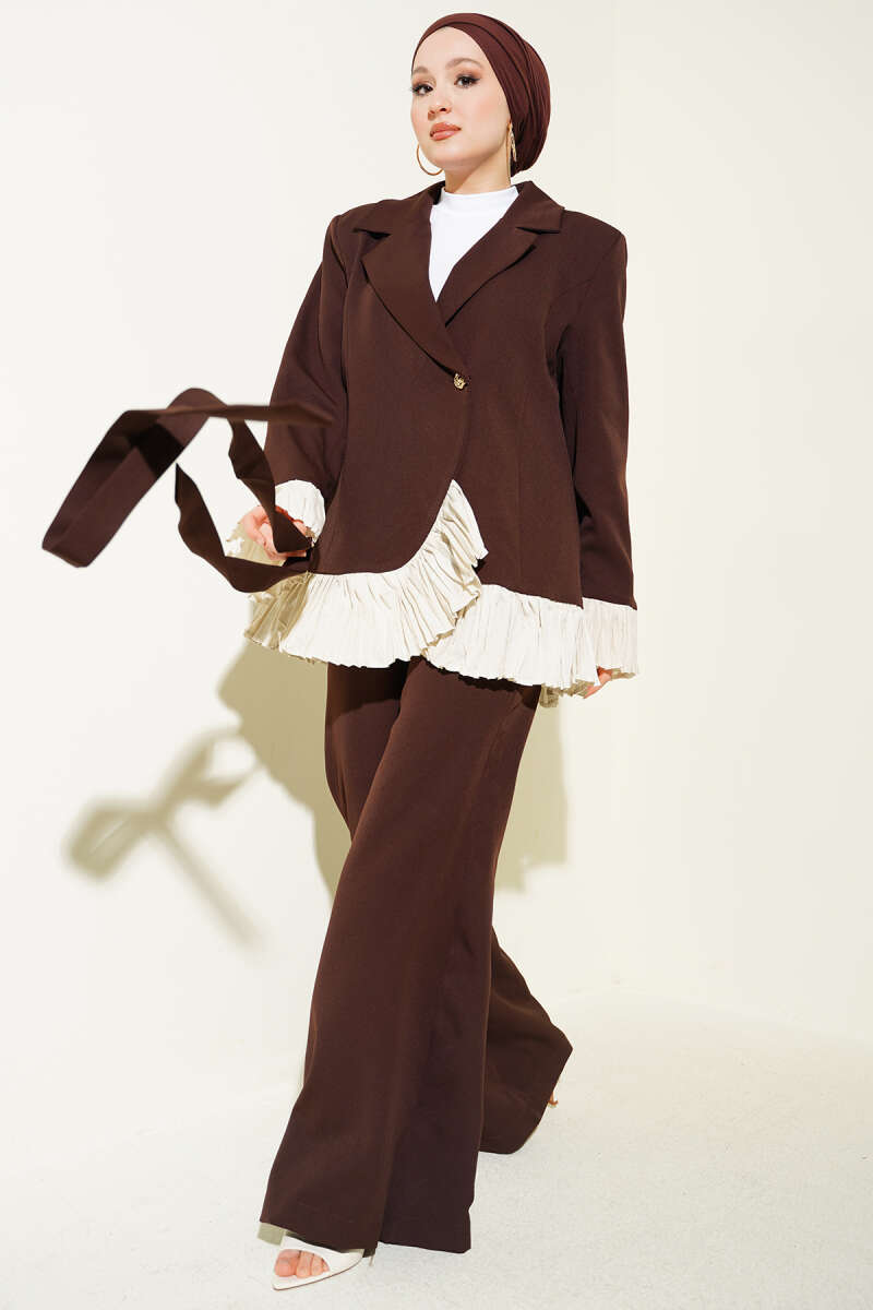 Wrap Two-Piece Set with Plissé Detail - Brown
