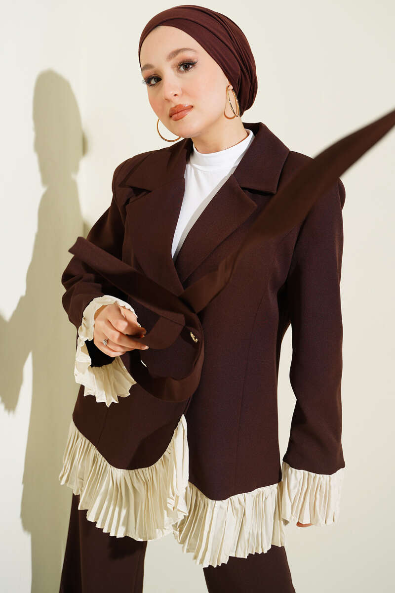 Wrap Two-Piece Set with Plissé Detail - Brown