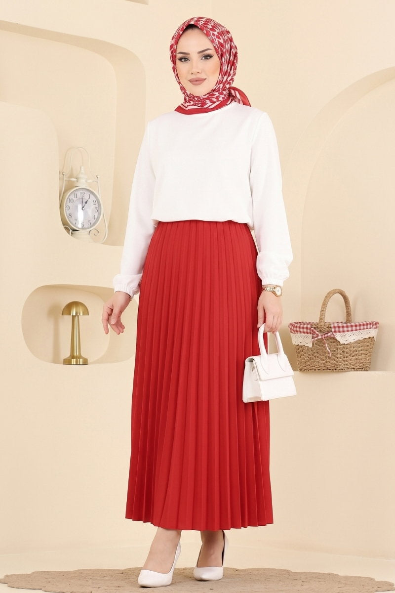 Plissé Satin Skirt - Red