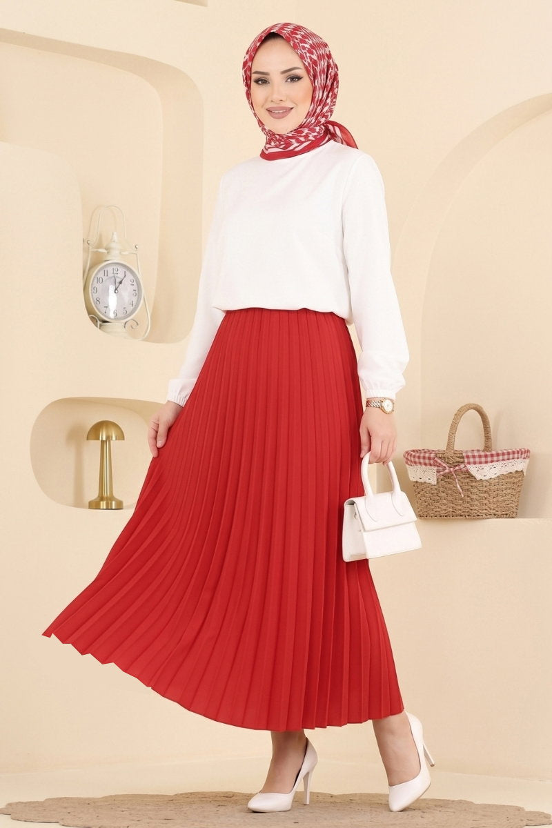 Plissé Satin Skirt - Red