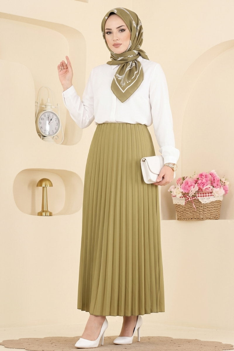 Plissé Satin Skirt - Olive