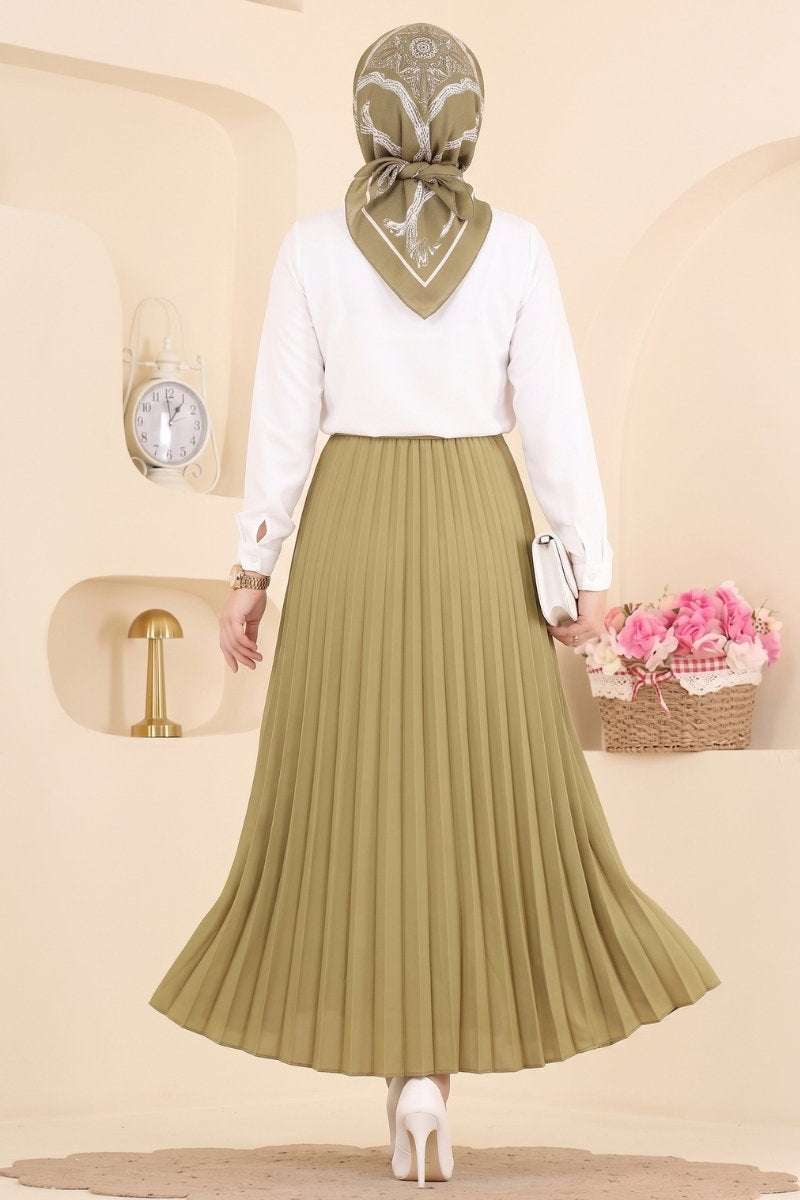 Plissé Satin Skirt - Olive