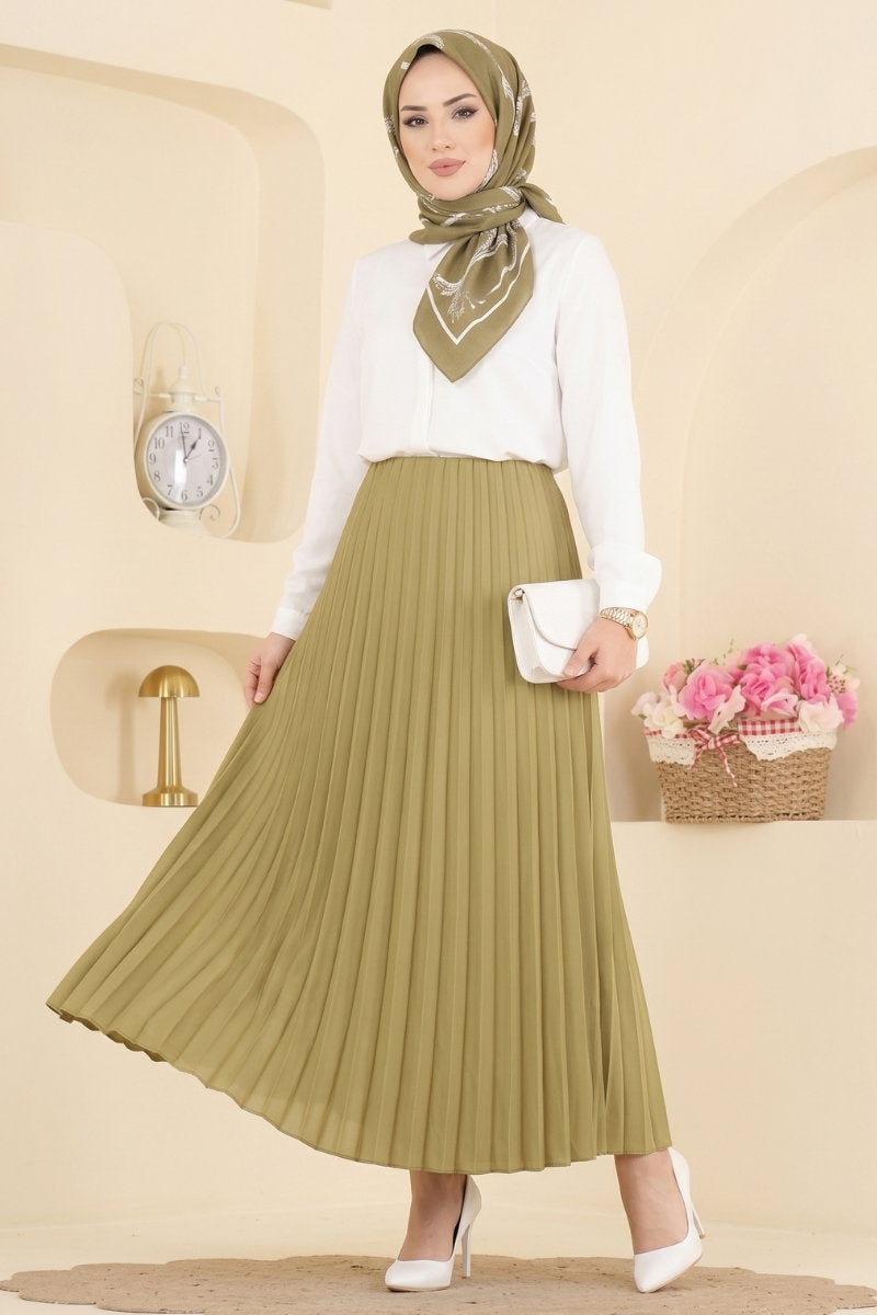 Plissé Satin Skirt - Olive