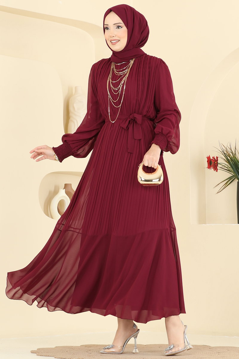 Plissé Chiffon Evening Dress - Burgundy