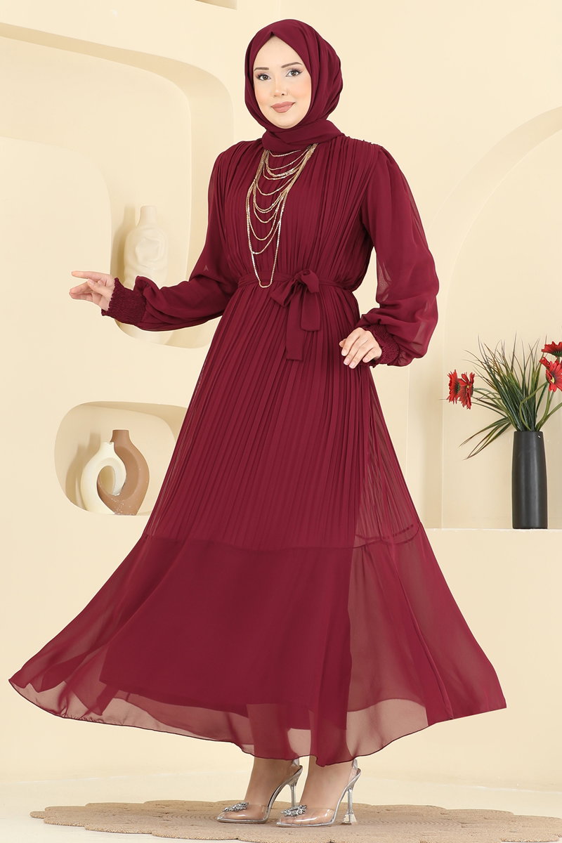 Plissé Chiffon Evening Dress - Burgundy