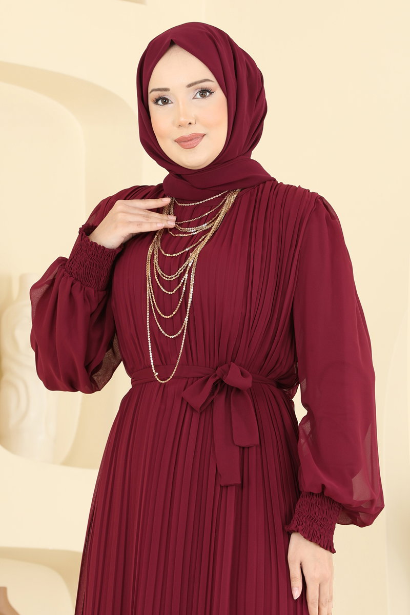 Plissé Chiffon Evening Dress - Burgundy