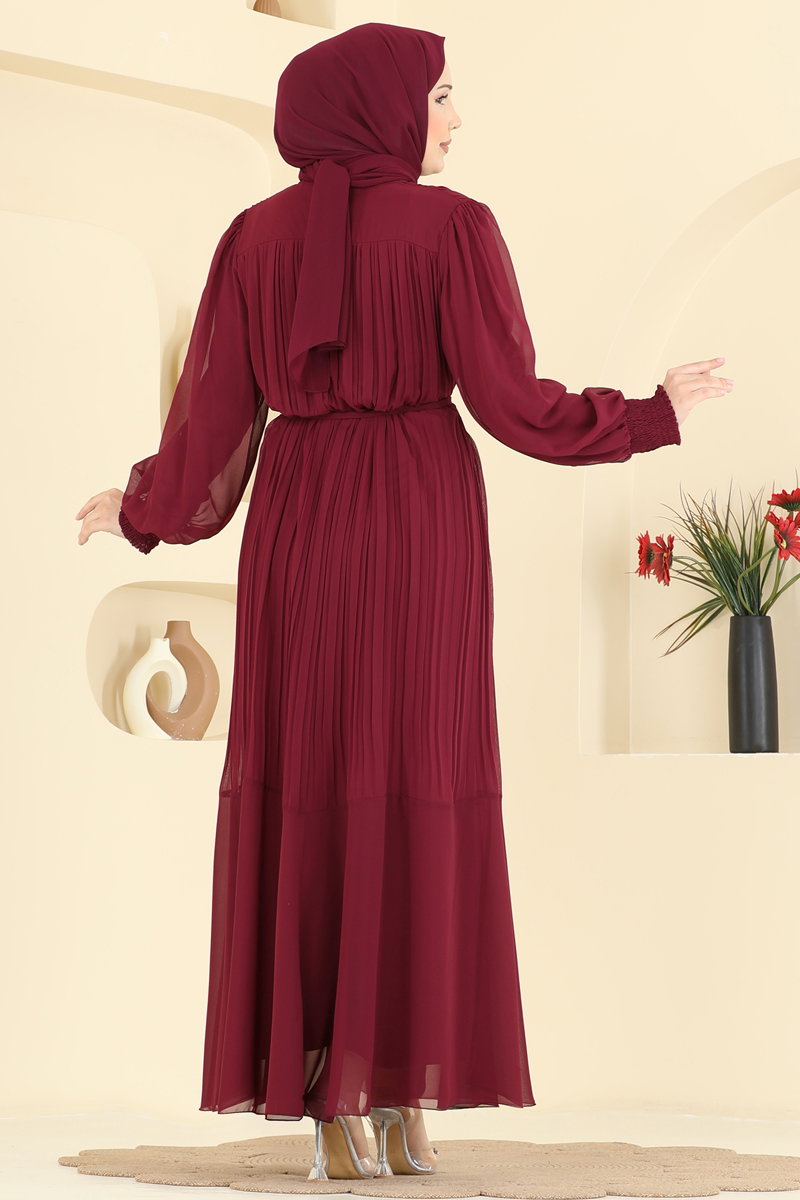 Plissé Chiffon Evening Dress - Burgundy