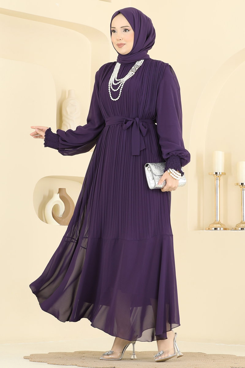 Plissé Chiffon Evening Dress - Purple