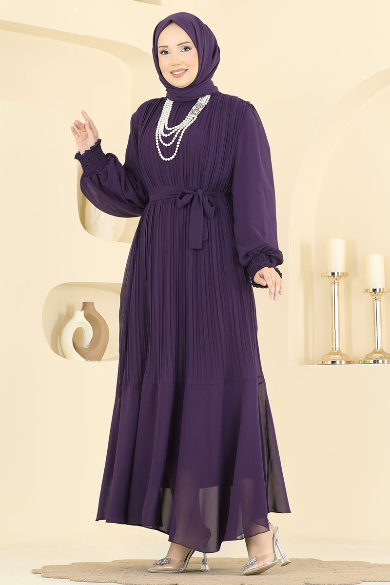 Plissé Chiffon Evening Dress - Purple