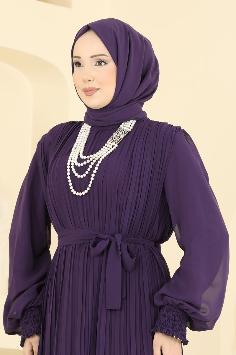 Plissé Chiffon Evening Dress - Purple