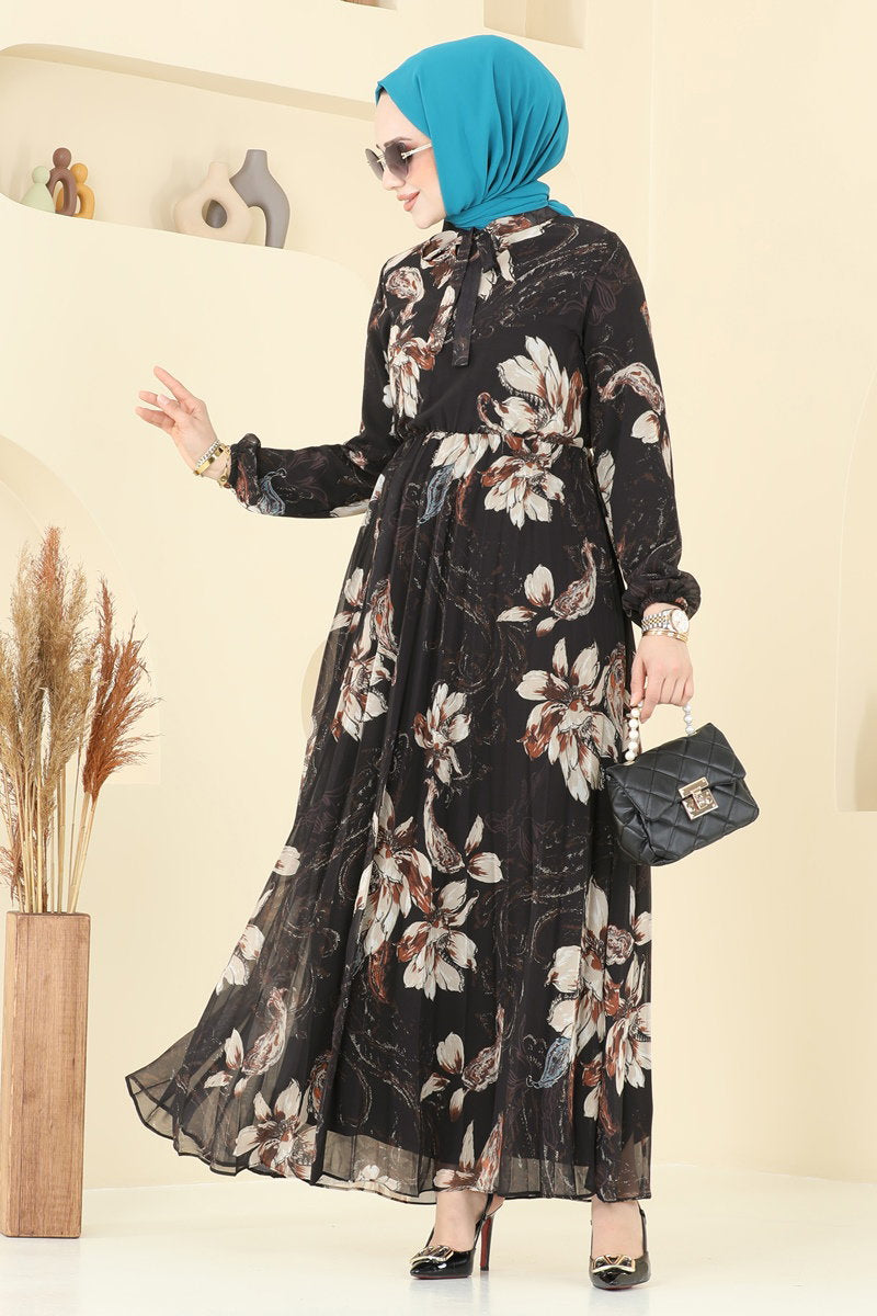 Pleated Printed Chiffon Dress - Black