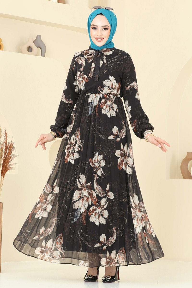 Pleated Printed Chiffon Dress - Black