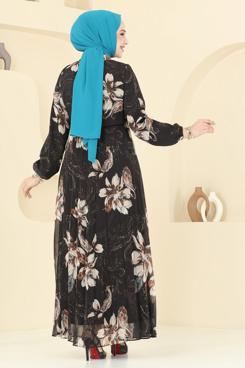 Pleated Printed Chiffon Dress - Black