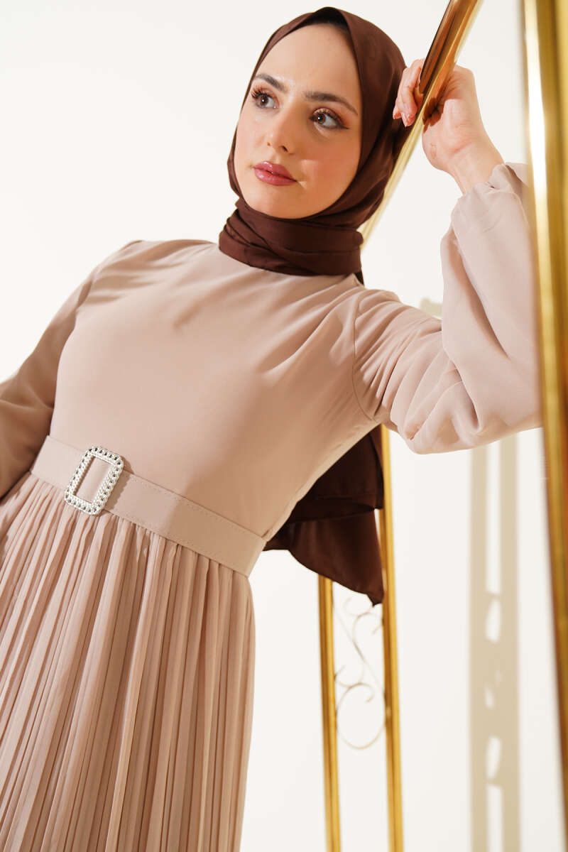 Belted Plissé Ruffle Chiffon Dress - Beige