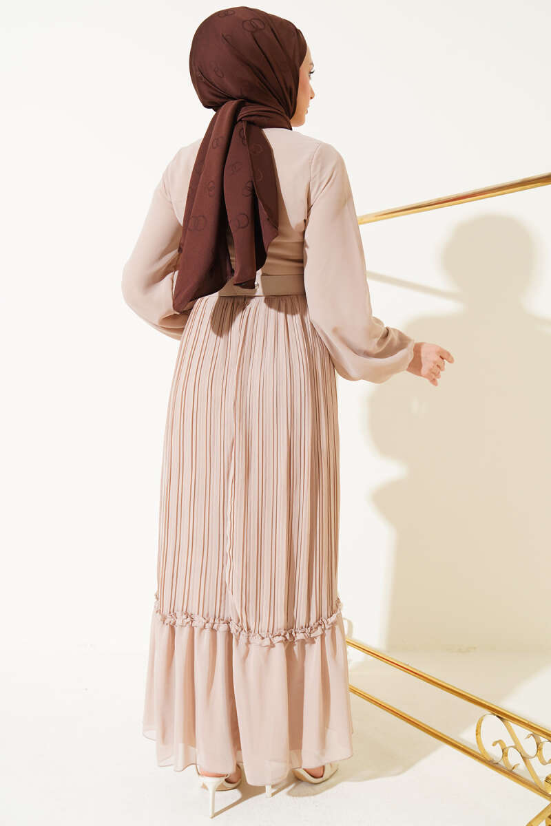 Belted Plissé Ruffle Chiffon Dress - Beige