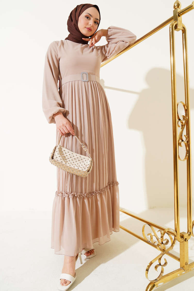 Belted Plissé Ruffle Chiffon Dress - Beige