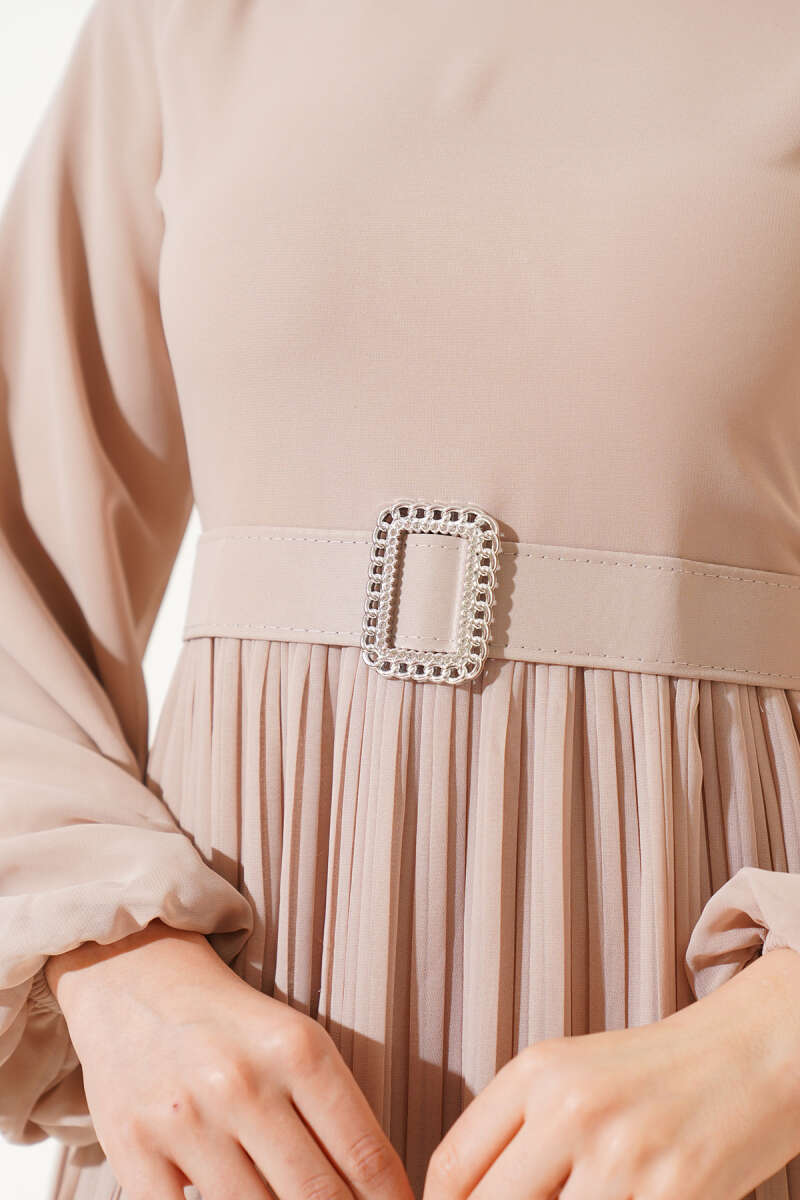Belted Plissé Ruffle Chiffon Dress - Beige