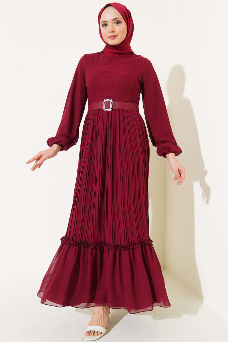 Belted Plissé Ruffle Chiffon Dress - Burgundy