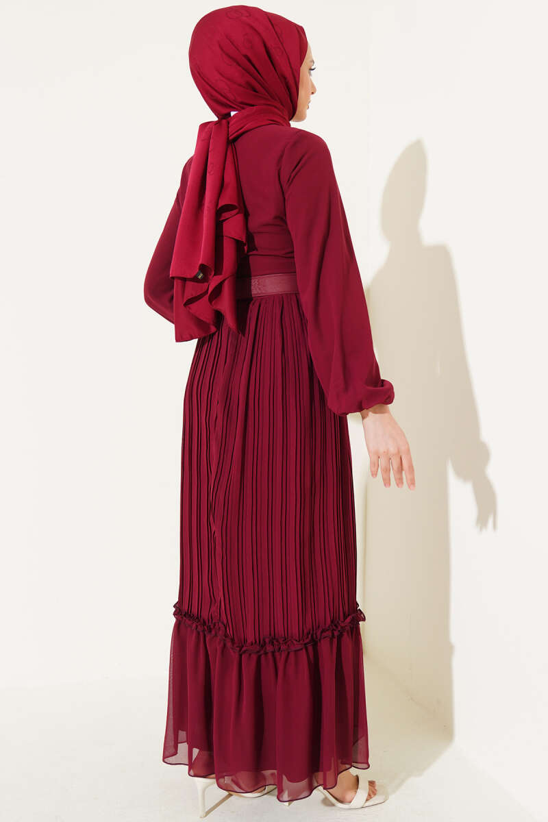 Belted Plissé Ruffle Chiffon Dress - Burgundy