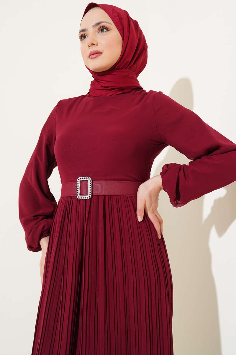 Belted Plissé Ruffle Chiffon Dress - Burgundy