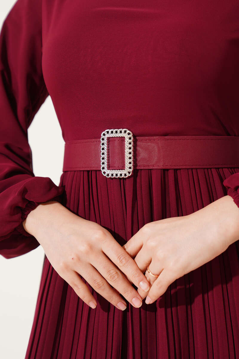 Belted Plissé Ruffle Chiffon Dress - Burgundy