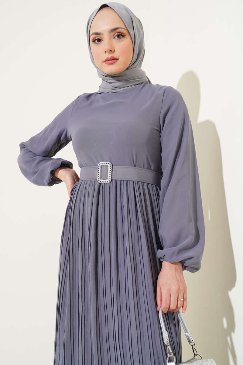 Belted Plissé Ruffle Chiffon Dress - Grey