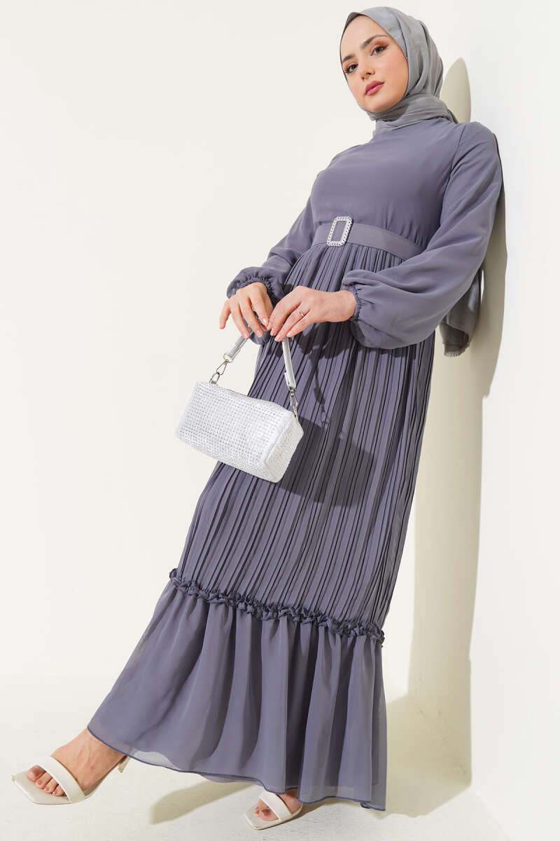Belted Plissé Ruffle Chiffon Dress - Grey