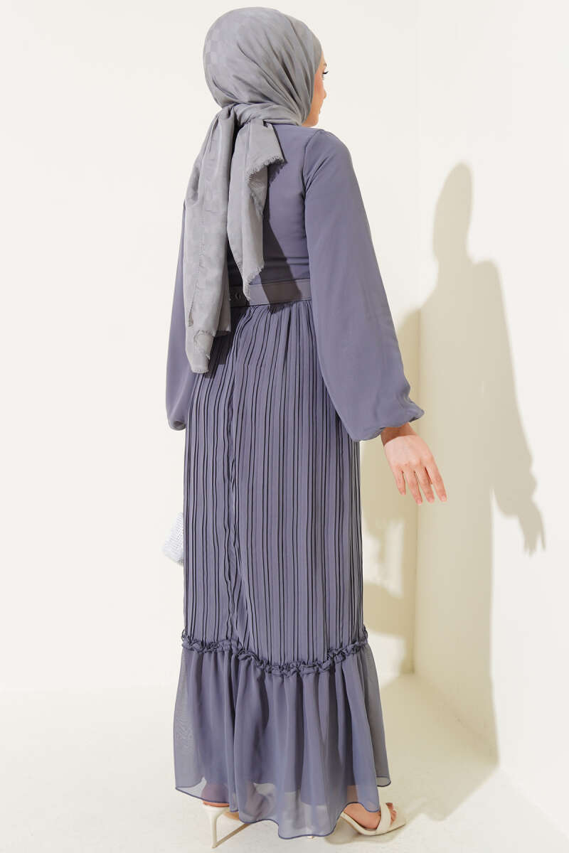 Belted Plissé Ruffle Chiffon Dress - Grey