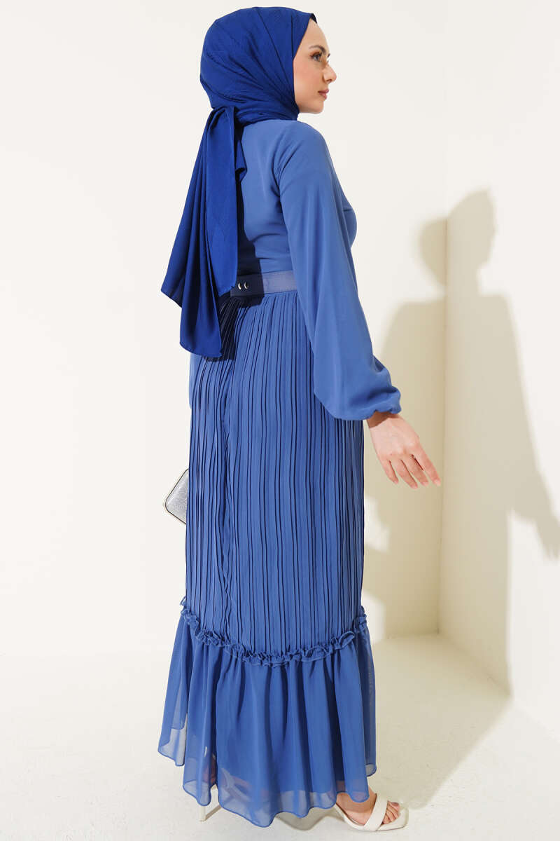 Belted Plissé Ruffle Chiffon Dress - Indigo