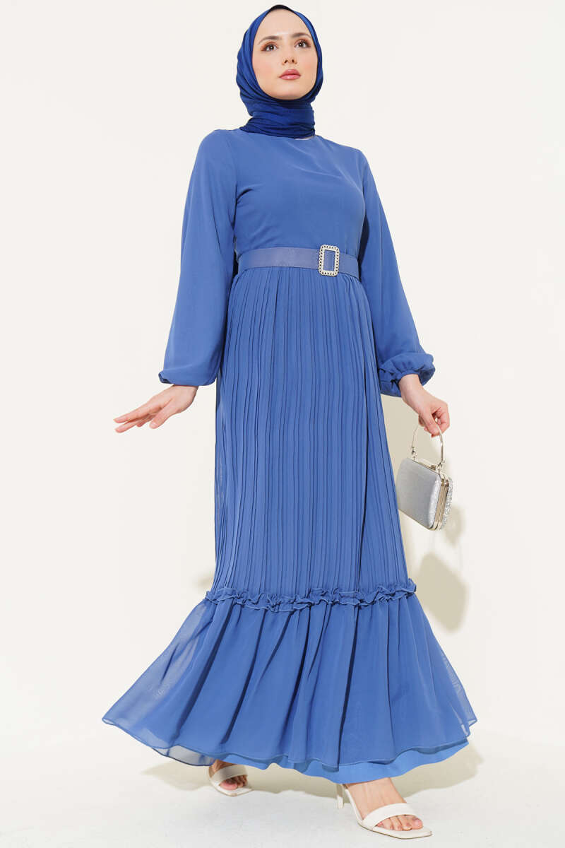 Belted Plissé Ruffle Chiffon Dress - Indigo