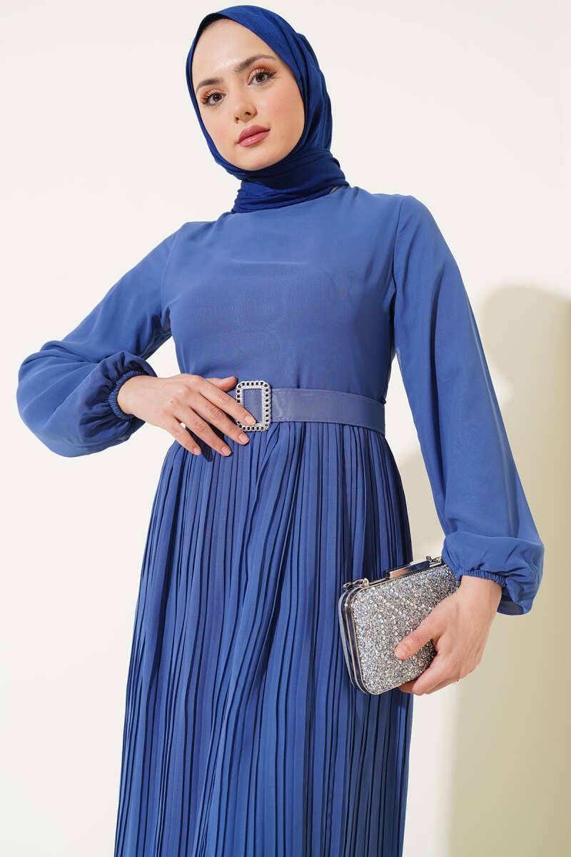 Belted Plissé Ruffle Chiffon Dress - Indigo