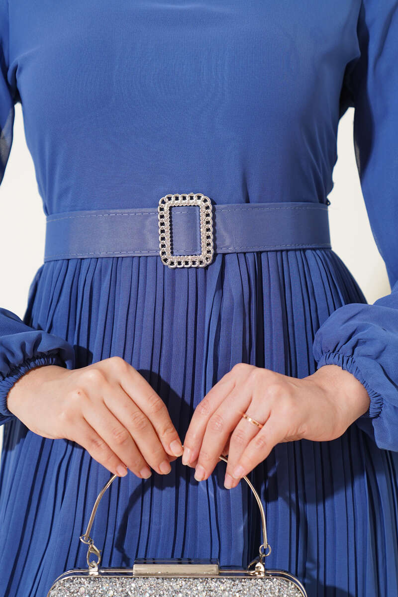 Belted Plissé Ruffle Chiffon Dress - Indigo