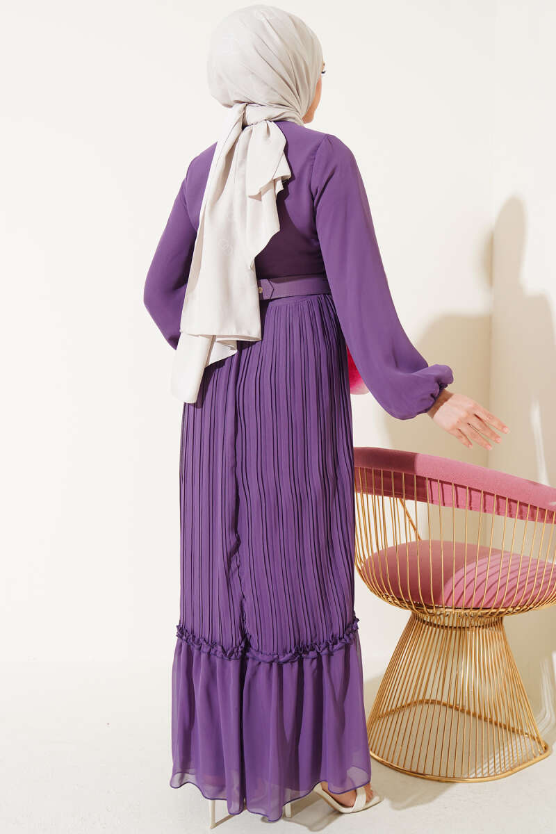 Belted Plissé Ruffle Chiffon Dress - Lilac
