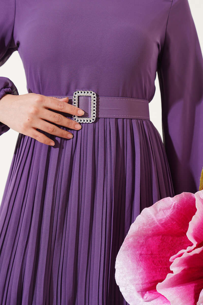 Belted Plissé Ruffle Chiffon Dress - Lilac