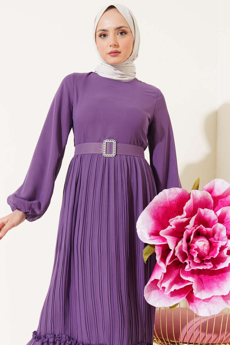 Belted Plissé Ruffle Chiffon Dress - Lilac