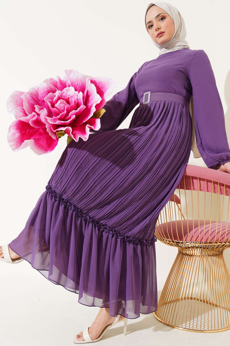 Belted Plissé Ruffle Chiffon Dress - Lilac