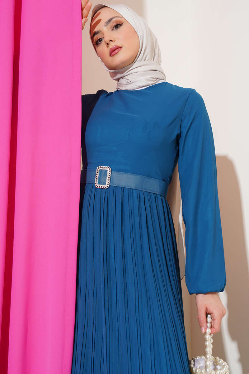 Belted Plissé Ruffle Chiffon Dress - Teal