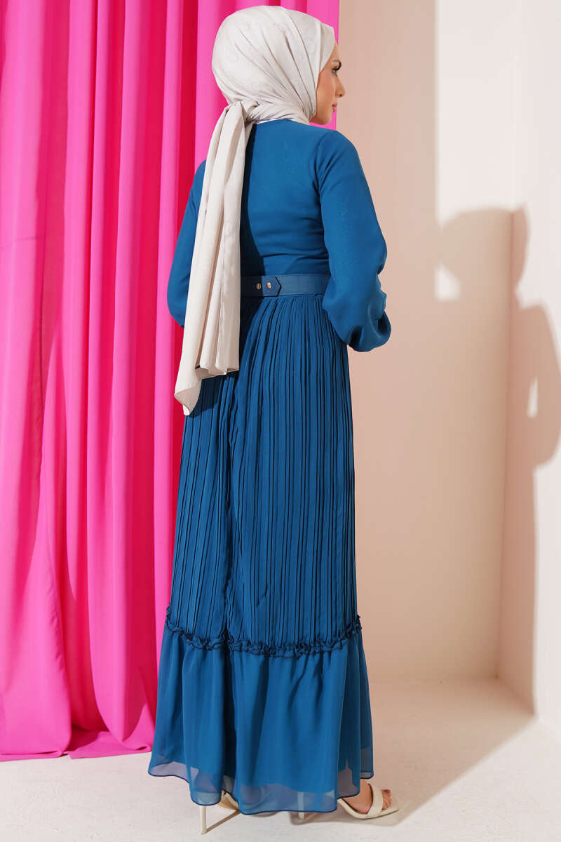 Belted Plissé Ruffle Chiffon Dress - Teal