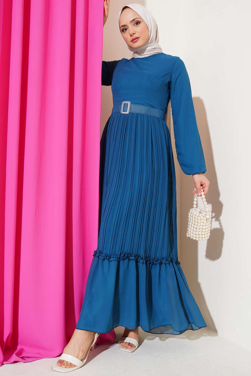 Belted Plissé Ruffle Chiffon Dress - Teal