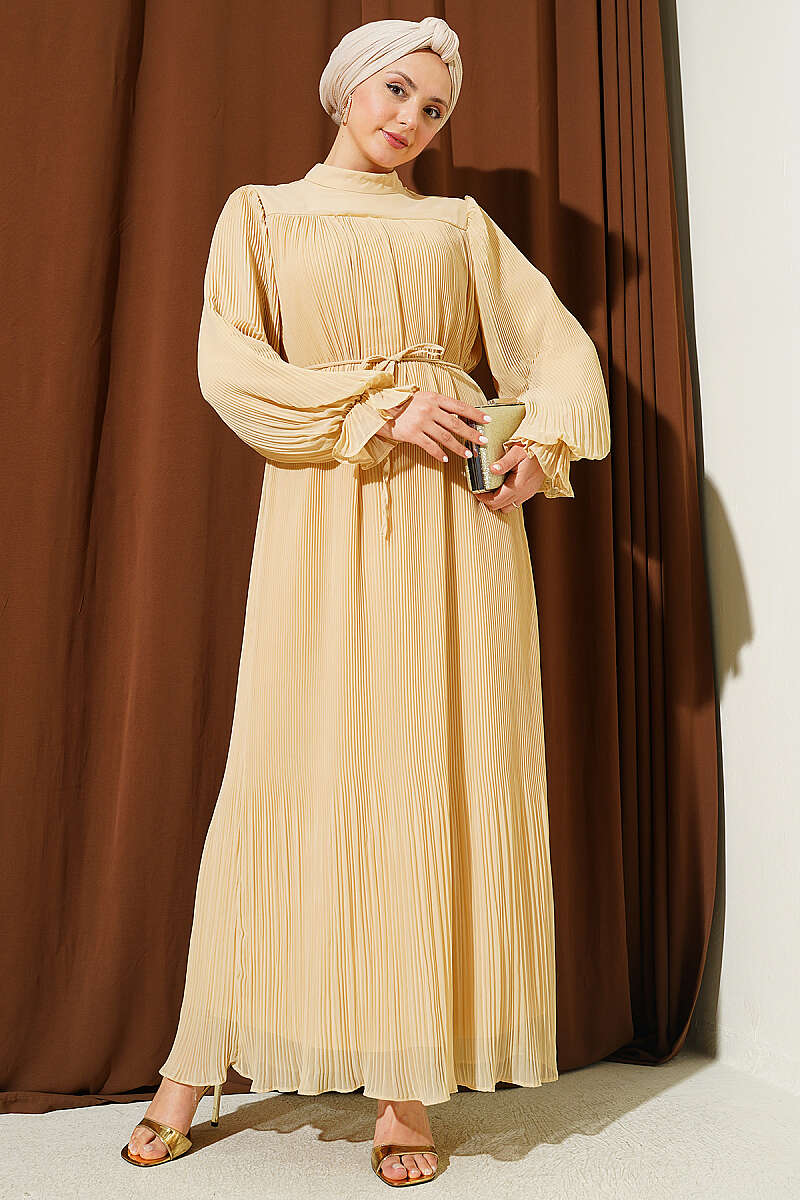 Plissé Evening Dress with Tie Cord - Beige