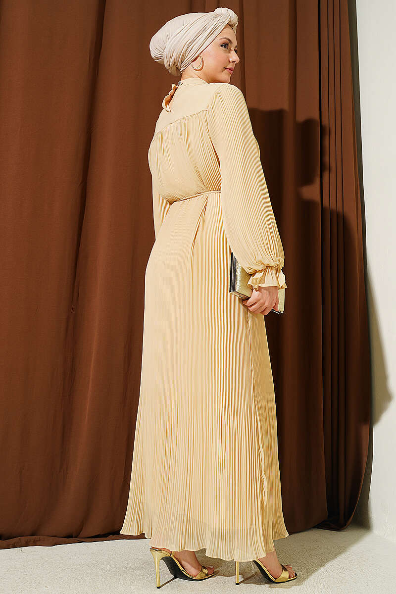 Plissé Evening Dress with Tie Cord - Beige
