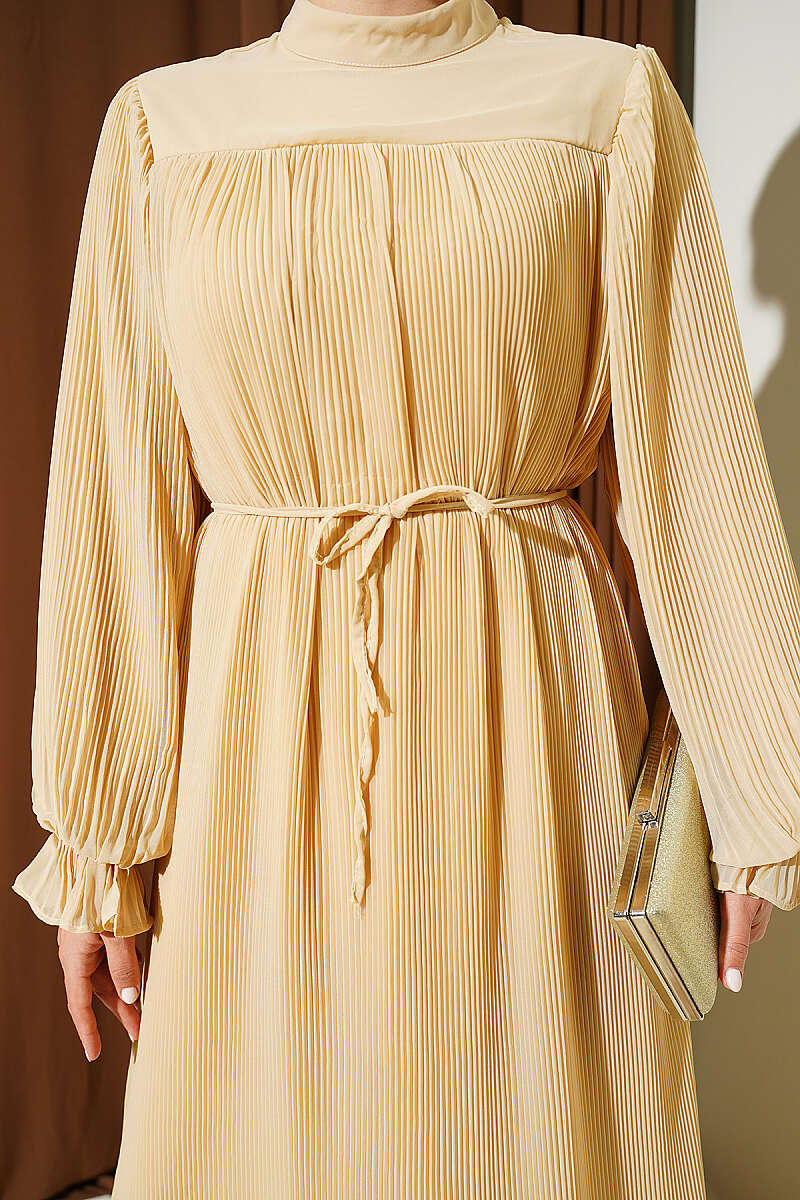 Plissé Evening Dress with Tie Cord - Beige
